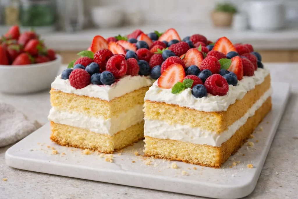 Biszkopt z kremem śmietankowym i owocami – puszyste i bardzo smaczne ciasto na każdą okazję