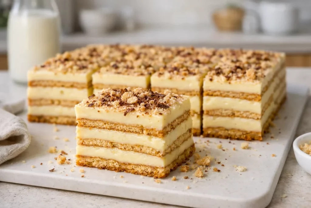 Ciasto bez pieczenia z herbatnikami i kremem budyniowym – szybki deser bez wysiłku