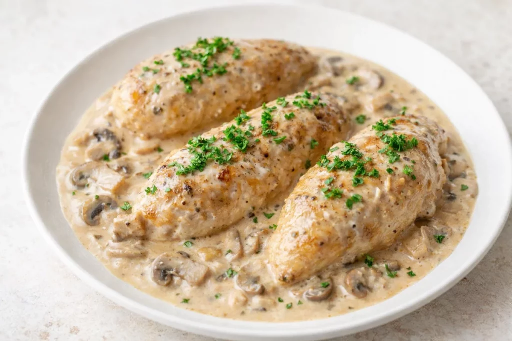 Kurczak w sosie śmietanowo-czosnkowym z pieczarkami – prosty przepis na szybki obiad
