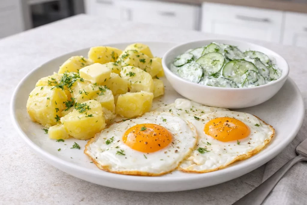 Ziemniaki z jajkiem sadzonym i mizerią – tani i prosty obiad jak u mamy