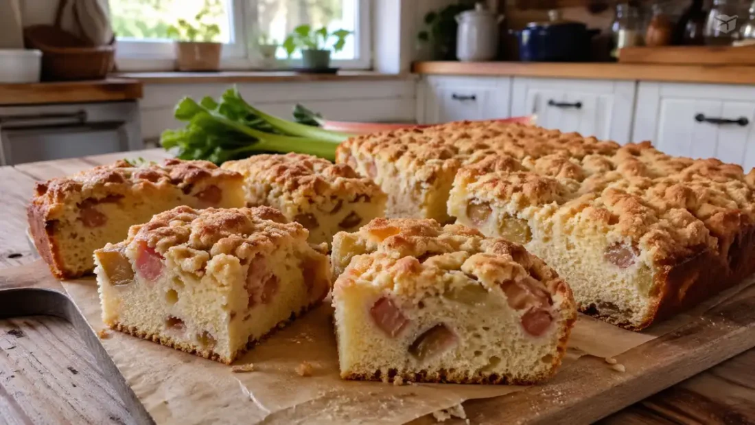 Ciasto Jogurtowe z Rabarbarem i Kruszonką – wiosenny hit, który znika z blachy