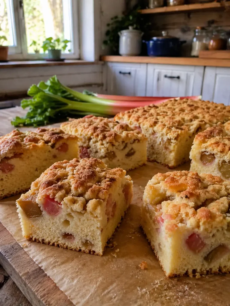 Ciasto Jogurtowe z Rabarbarem i Kruszonką – wiosenny hit, który znika z blachy