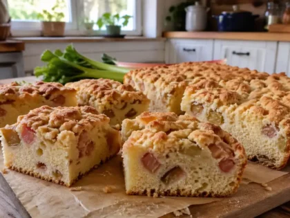 Ciasto Jogurtowe z Rabarbarem i Kruszonką – wiosenny hit, który znika z blachy