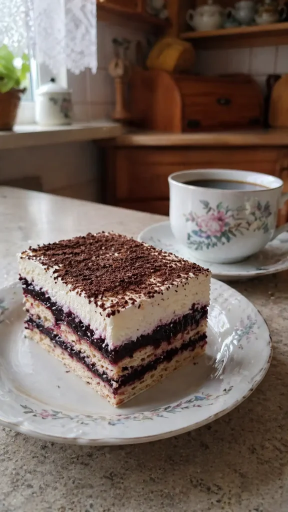 Kostka porzeczkowa bez pieczenia – prosty przepis na kremowe ciasto z herbatnikami