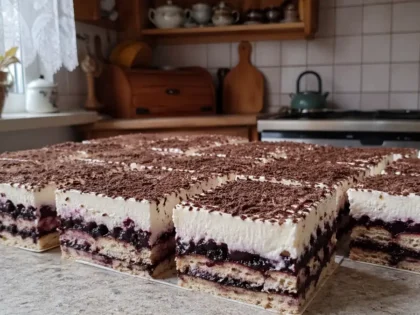 Kostka porzeczkowa bez pieczenia – prosty przepis na kremowe ciasto z herbatnikami