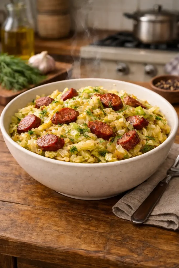 Młoda kapusta z kiełbasą – szybki obiad jednogarnkowy