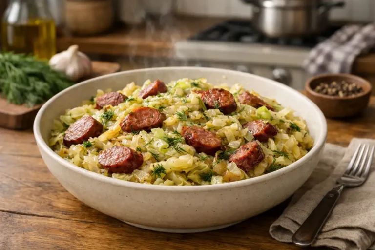 Młoda kapusta z kiełbasą – szybki obiad jednogarnkowy