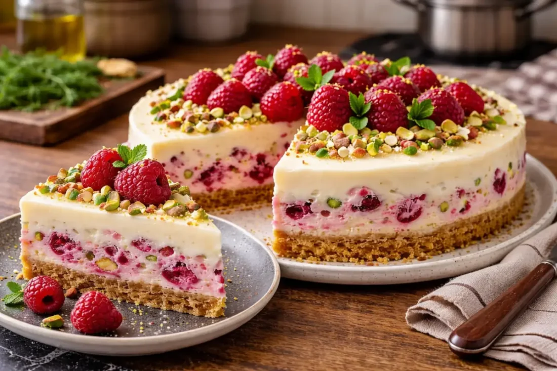Sernik malinowo-pistacjowy – prosty przepis na efektowny deser bez pieczenia