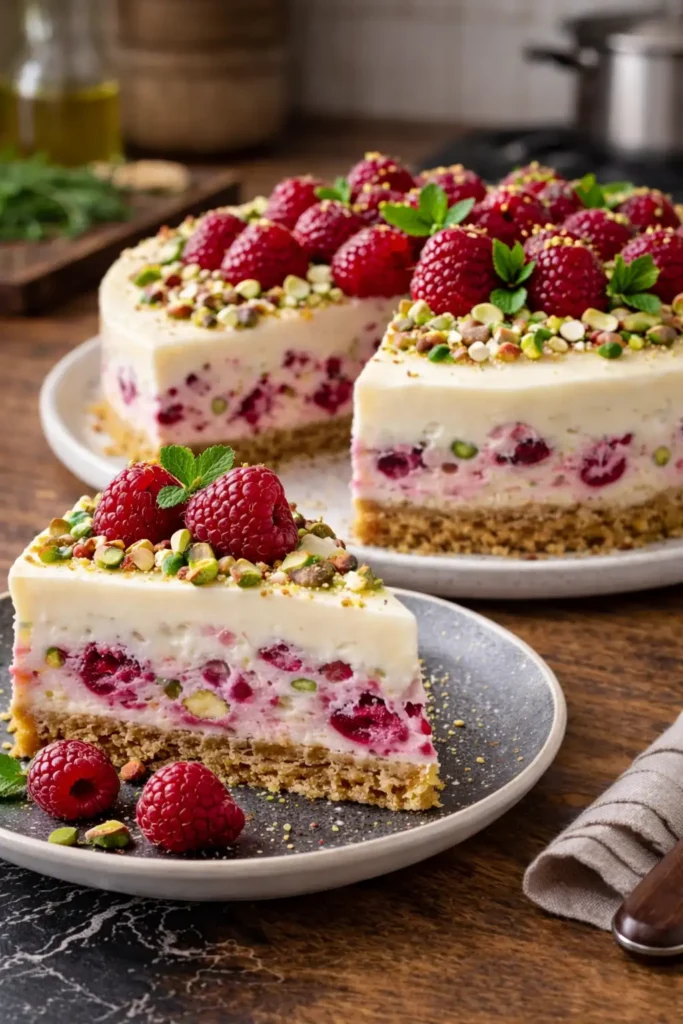 Sernik malinowo-pistacjowy – prosty przepis na efektowny deser bez pieczenia