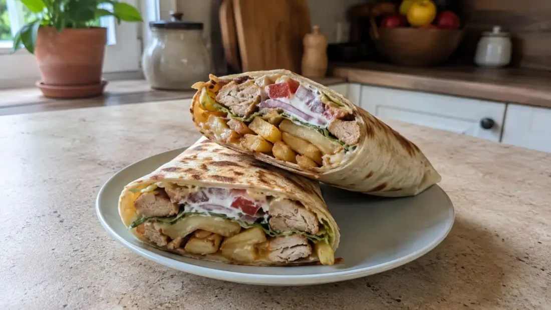 Kebab w naleśniku – prosty przepis z kurczakiem, frytkami i sosem czosnkowym