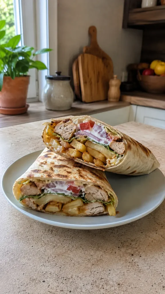 Kebab w naleśniku – prosty przepis z kurczakiem, frytkami i sosem czosnkowym