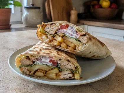 Kebab w naleśniku – prosty przepis z kurczakiem, frytkami i sosem czosnkowym