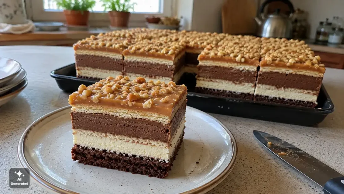 Ciasto Snickers na biszkopcie – warstwowy przepis z kremem i kajmakiem