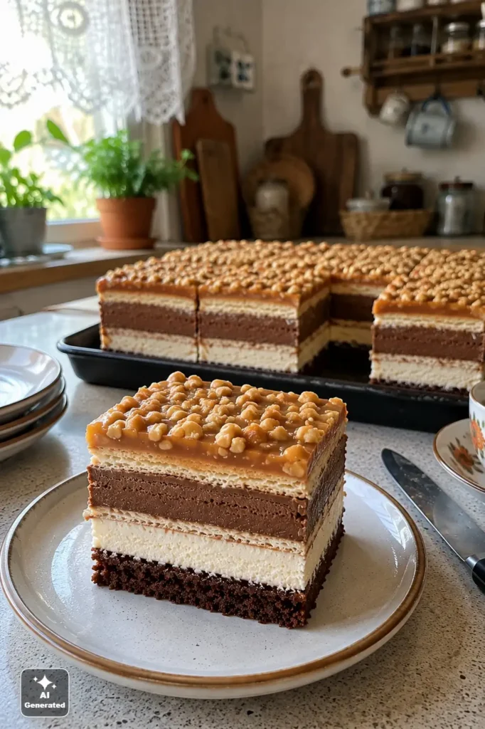 Ciasto Snickers na biszkopcie – warstwowy przepis z kremem i kajmakiem