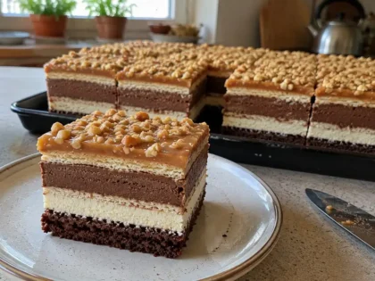 Ciasto Snickers na biszkopcie – warstwowy przepis z kremem i kajmakiem