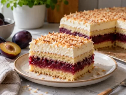 Ciasto śliwkowe z mascarpone i musem śliwkowym – prosty przepis na blachę 21x21 cm