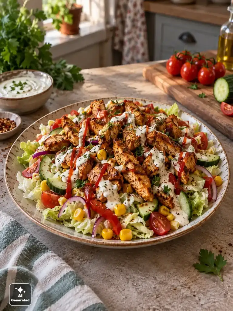 Sałatka kebabowa – prosty przepis na sycącą sałatkę z kurczakiem i sosem czosnkowym